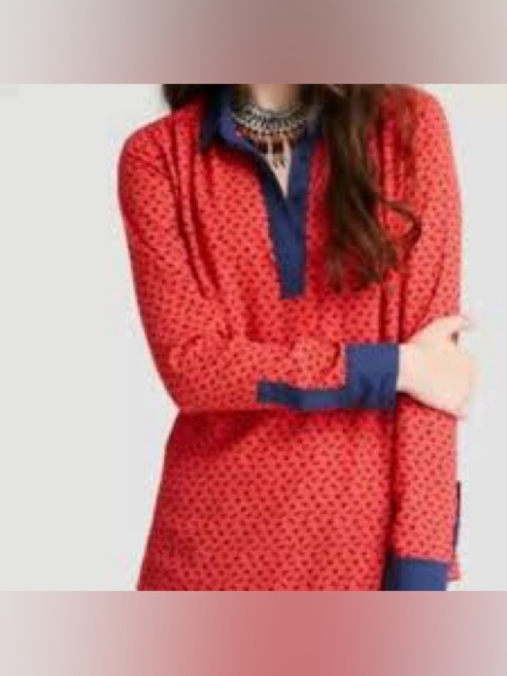 NWT. Free People, Medium, Red Horse Printed Blouse with Navy Trim